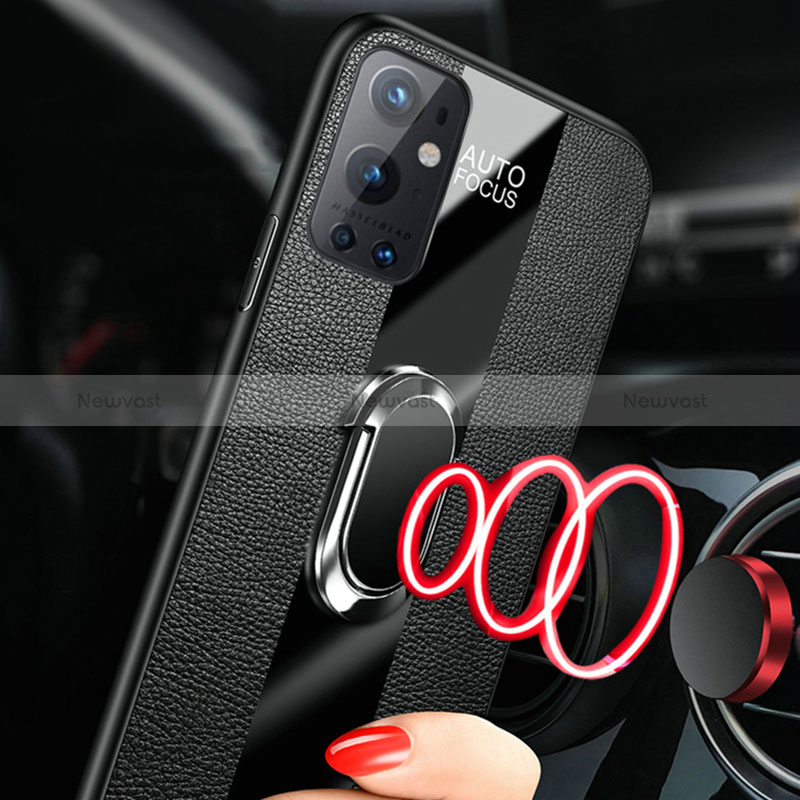 Soft Silicone Gel Leather Snap On Case Cover with Magnetic Finger Ring Stand PB1 for OnePlus 9 Pro 5G