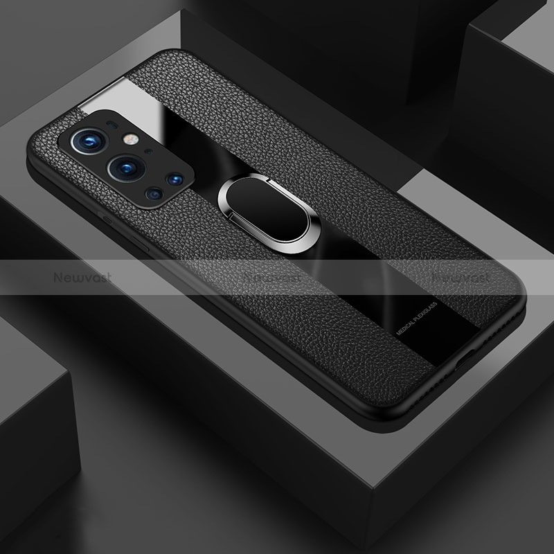 Soft Silicone Gel Leather Snap On Case Cover with Magnetic Finger Ring Stand PB1 for OnePlus 9 Pro 5G Black