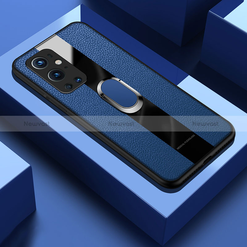 Soft Silicone Gel Leather Snap On Case Cover with Magnetic Finger Ring Stand PB1 for OnePlus 9 Pro 5G Blue