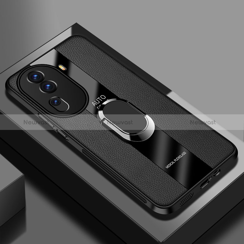 Soft Silicone Gel Leather Snap On Case Cover with Magnetic Finger Ring Stand PB1 for Oppo Reno11 Pro 5G Black