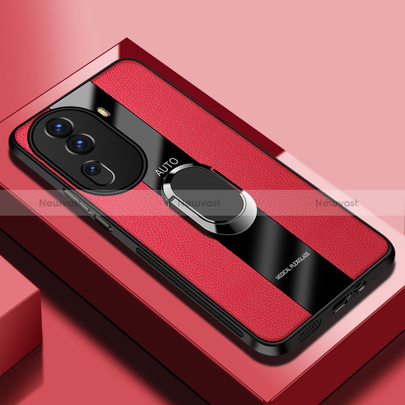 Soft Silicone Gel Leather Snap On Case Cover with Magnetic Finger Ring Stand PB1 for Oppo Reno11 Pro 5G Red