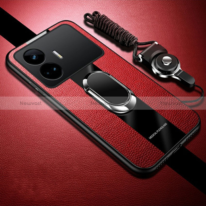 Soft Silicone Gel Leather Snap On Case Cover with Magnetic Finger Ring Stand PB1 for Realme GT Neo5 SE 5G Red