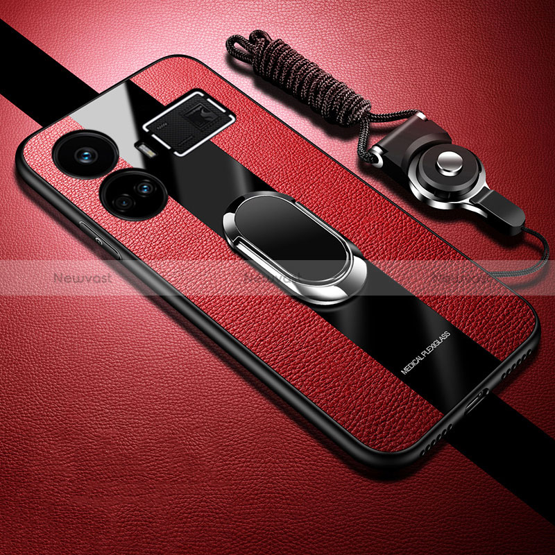 Soft Silicone Gel Leather Snap On Case Cover with Magnetic Finger Ring Stand PB1 for Realme GT Neo6 5G Red