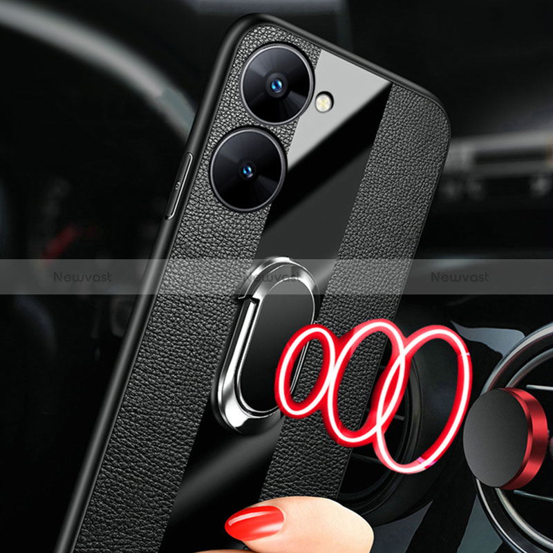 Soft Silicone Gel Leather Snap On Case Cover with Magnetic Finger Ring Stand PB1 for Realme V20 5G