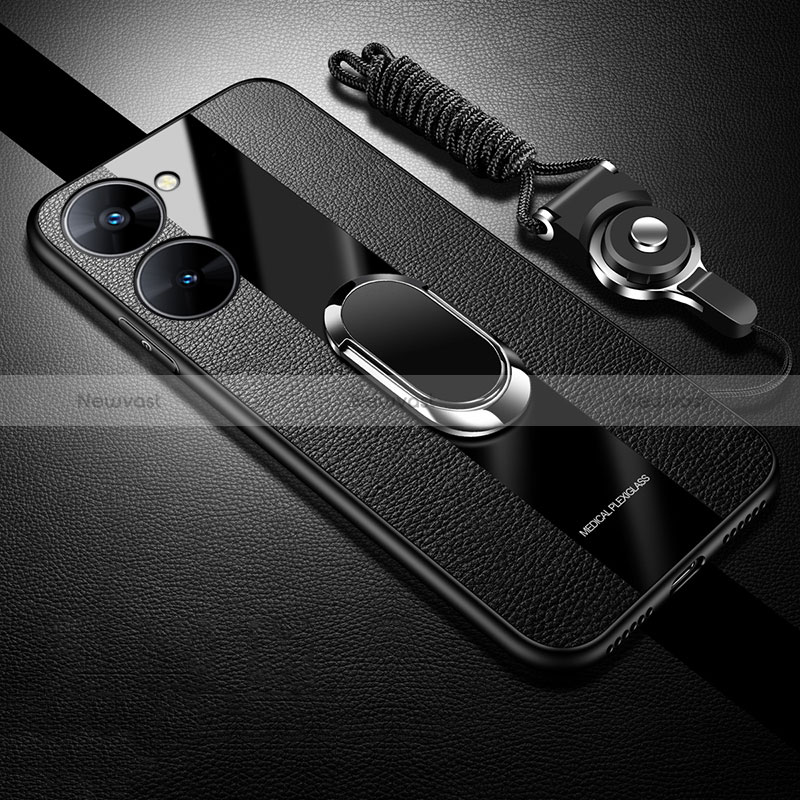 Soft Silicone Gel Leather Snap On Case Cover with Magnetic Finger Ring Stand PB1 for Realme V20 5G Black