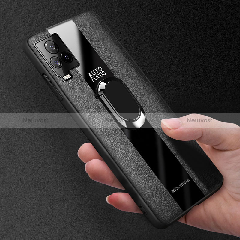 Soft Silicone Gel Leather Snap On Case Cover with Magnetic Finger Ring Stand PB1 for Vivo V21e 4G