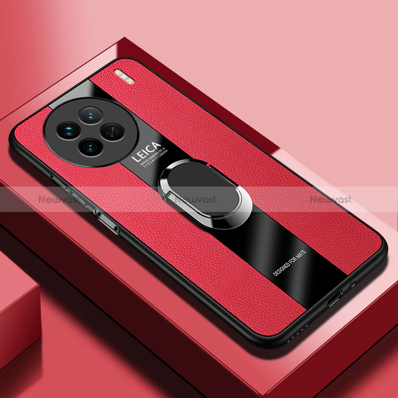 Soft Silicone Gel Leather Snap On Case Cover with Magnetic Finger Ring Stand PB1 for Vivo X90 Pro 5G Red