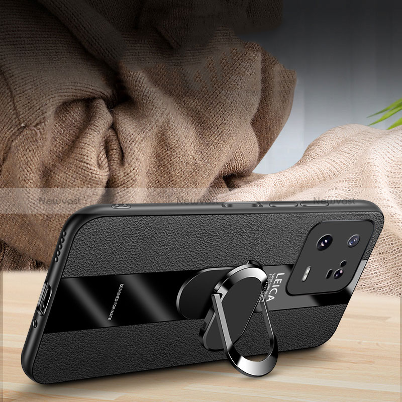 Soft Silicone Gel Leather Snap On Case Cover with Magnetic Finger Ring Stand PB1 for Xiaomi Mi 13 5G