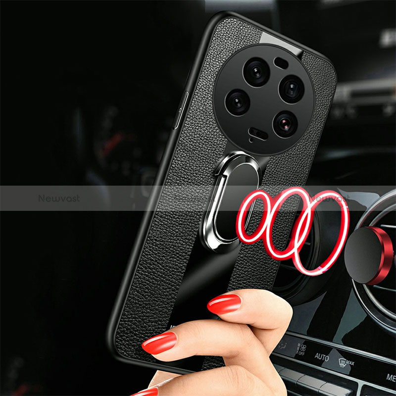 Soft Silicone Gel Leather Snap On Case Cover with Magnetic Finger Ring Stand PB1 for Xiaomi Mi 13 Ultra 5G