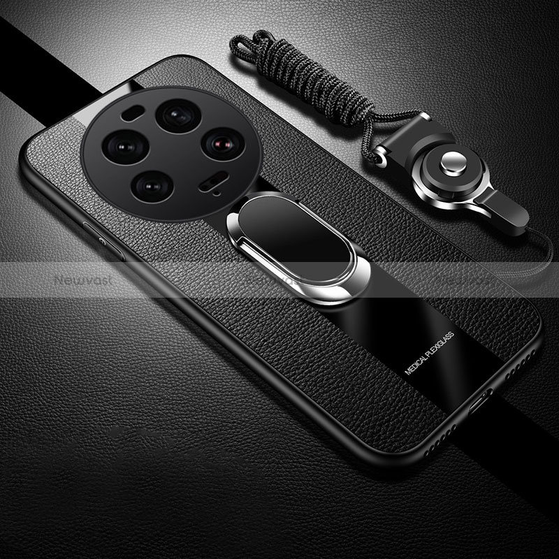 Soft Silicone Gel Leather Snap On Case Cover with Magnetic Finger Ring Stand PB1 for Xiaomi Mi 13 Ultra 5G Black