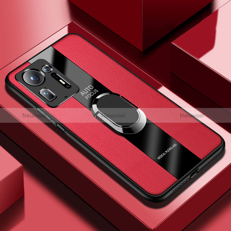 Soft Silicone Gel Leather Snap On Case Cover with Magnetic Finger Ring Stand PB1 for Xiaomi Mi Mix 4 5G Red