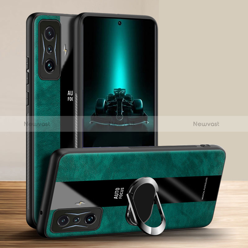 Soft Silicone Gel Leather Snap On Case Cover with Magnetic Finger Ring Stand PB1 for Xiaomi Poco F4 GT 5G Green