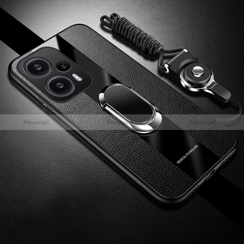 Soft Silicone Gel Leather Snap On Case Cover with Magnetic Finger Ring Stand PB1 for Xiaomi Poco F5 5G Black