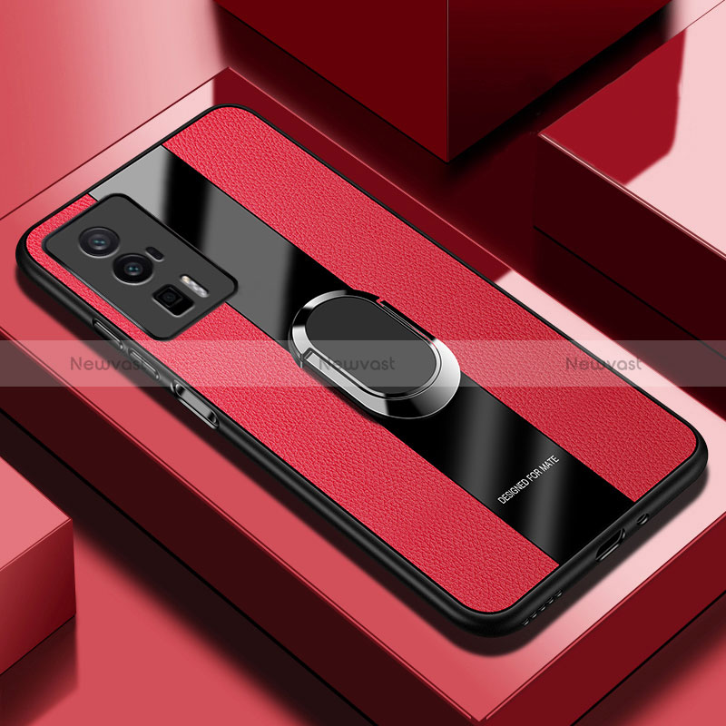 Soft Silicone Gel Leather Snap On Case Cover with Magnetic Finger Ring Stand PB1 for Xiaomi Poco F5 Pro 5G Red