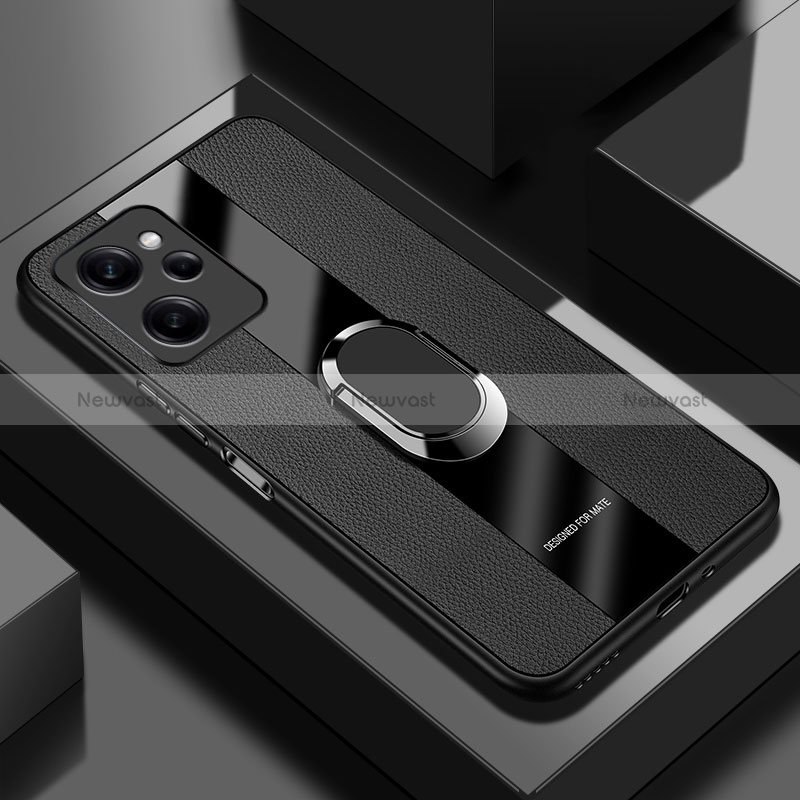 Soft Silicone Gel Leather Snap On Case Cover with Magnetic Finger Ring Stand PB1 for Xiaomi Poco X5 Pro 5G Black