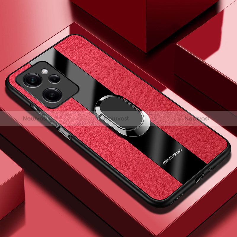 Soft Silicone Gel Leather Snap On Case Cover with Magnetic Finger Ring Stand PB1 for Xiaomi Poco X5 Pro 5G Red