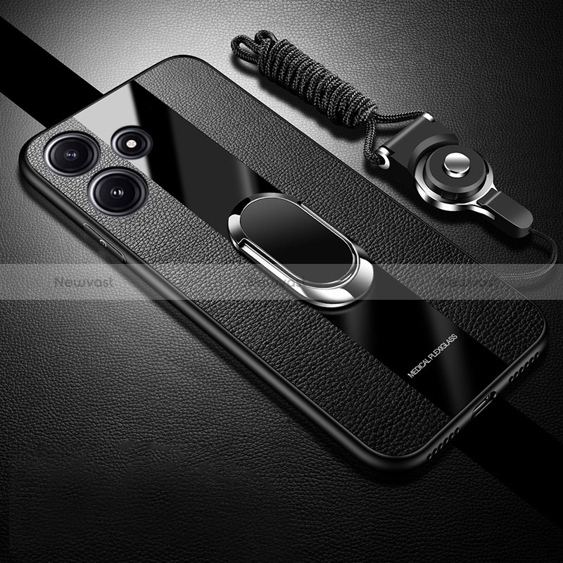 Soft Silicone Gel Leather Snap On Case Cover with Magnetic Finger Ring Stand PB1 for Xiaomi Redmi 12 5G