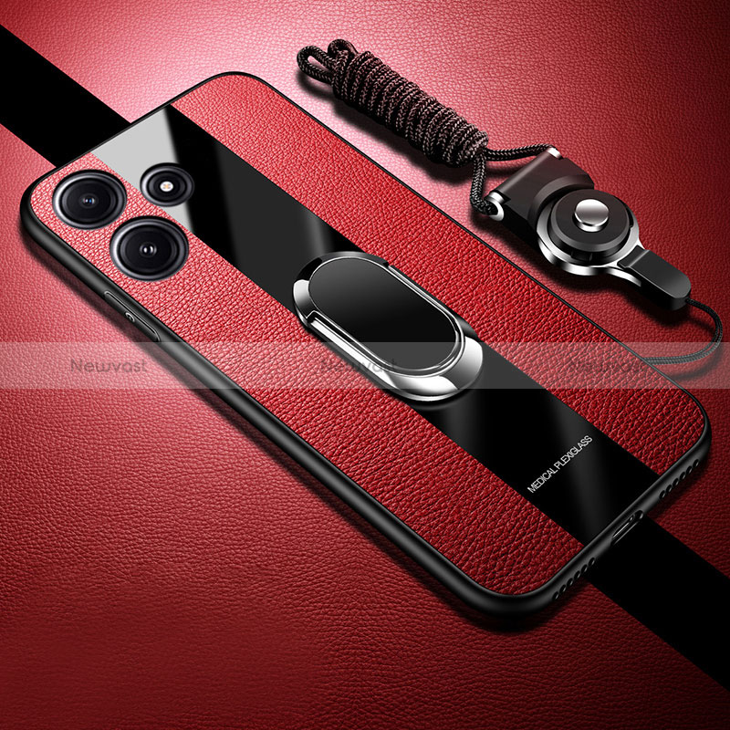 Soft Silicone Gel Leather Snap On Case Cover with Magnetic Finger Ring Stand PB1 for Xiaomi Redmi 12 5G Red