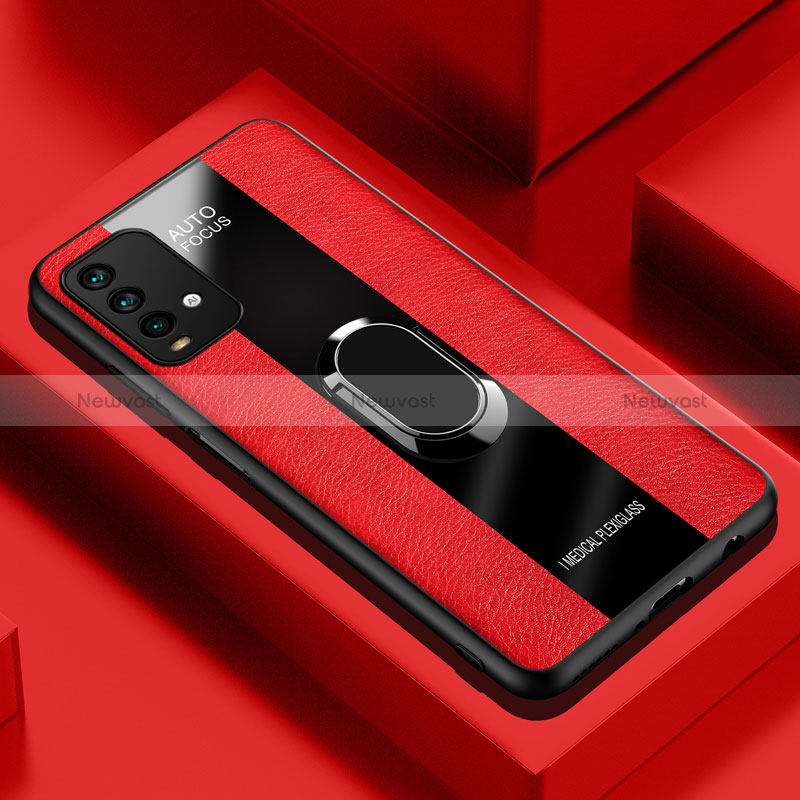 Soft Silicone Gel Leather Snap On Case Cover with Magnetic Finger Ring Stand PB1 for Xiaomi Redmi 9 Power Red