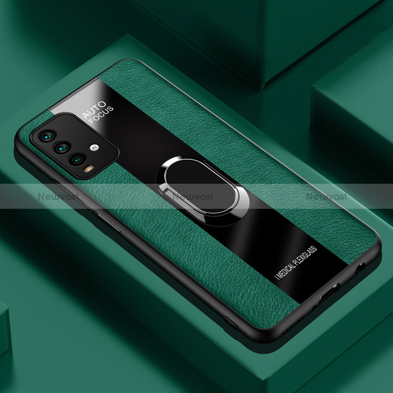 Soft Silicone Gel Leather Snap On Case Cover with Magnetic Finger Ring Stand PB1 for Xiaomi Redmi 9T 4G Green