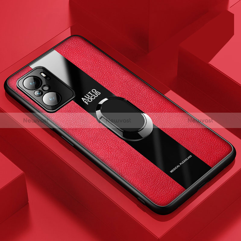 Soft Silicone Gel Leather Snap On Case Cover with Magnetic Finger Ring Stand PB1 for Xiaomi Redmi K40 5G Red