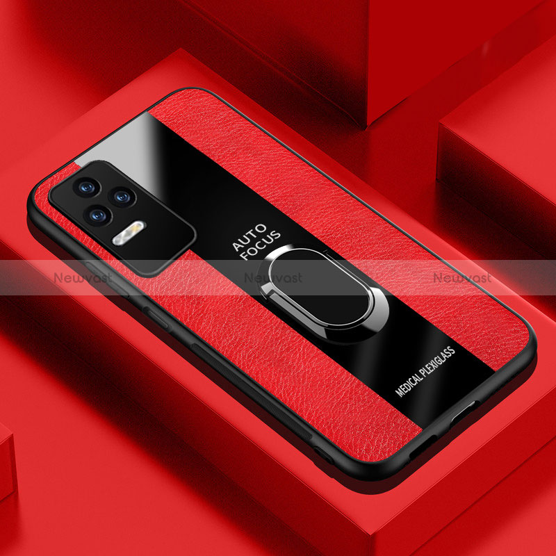 Soft Silicone Gel Leather Snap On Case Cover with Magnetic Finger Ring Stand PB1 for Xiaomi Redmi K40S 5G Red