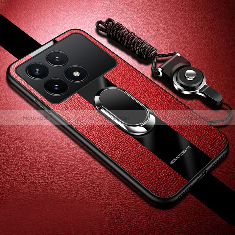 Soft Silicone Gel Leather Snap On Case Cover with Magnetic Finger Ring Stand PB1 for Xiaomi Redmi K70 Pro 5G Red