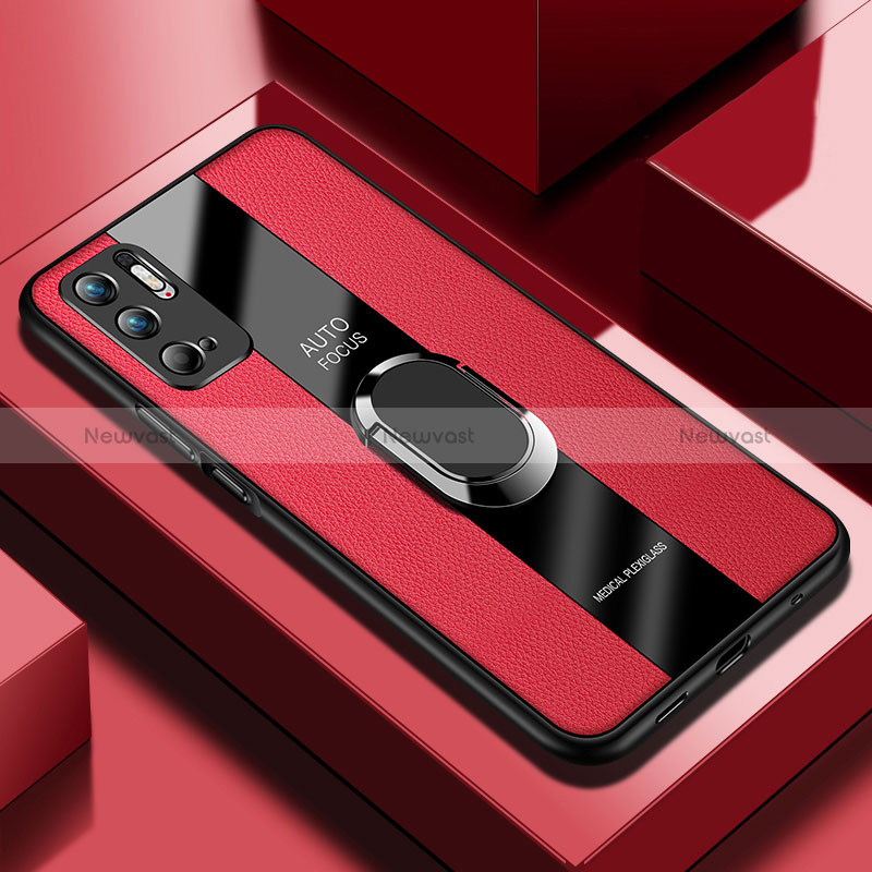 Soft Silicone Gel Leather Snap On Case Cover with Magnetic Finger Ring Stand PB1 for Xiaomi Redmi Note 10T 5G Red