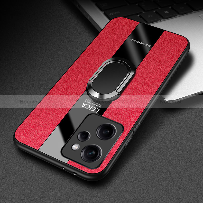 Soft Silicone Gel Leather Snap On Case Cover with Magnetic Finger Ring Stand PB1 for Xiaomi Redmi Note 12 Pro Speed 5G