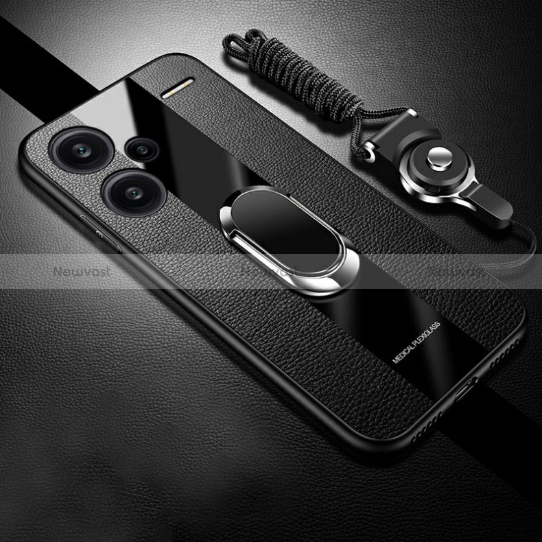 Soft Silicone Gel Leather Snap On Case Cover with Magnetic Finger Ring Stand PB1 for Xiaomi Redmi Note 13 Pro+ Plus 5G