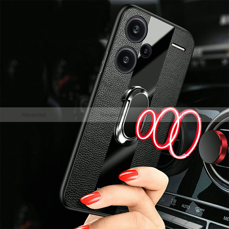 Soft Silicone Gel Leather Snap On Case Cover with Magnetic Finger Ring Stand PB1 for Xiaomi Redmi Note 13 Pro+ Plus 5G