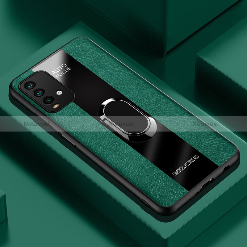 Soft Silicone Gel Leather Snap On Case Cover with Magnetic Finger Ring Stand PB1 for Xiaomi Redmi Note 9 4G Green