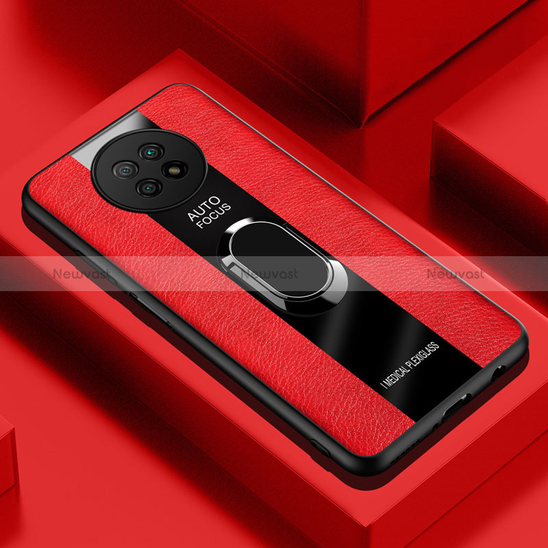 Soft Silicone Gel Leather Snap On Case Cover with Magnetic Finger Ring Stand PB1 for Xiaomi Redmi Note 9 5G Red