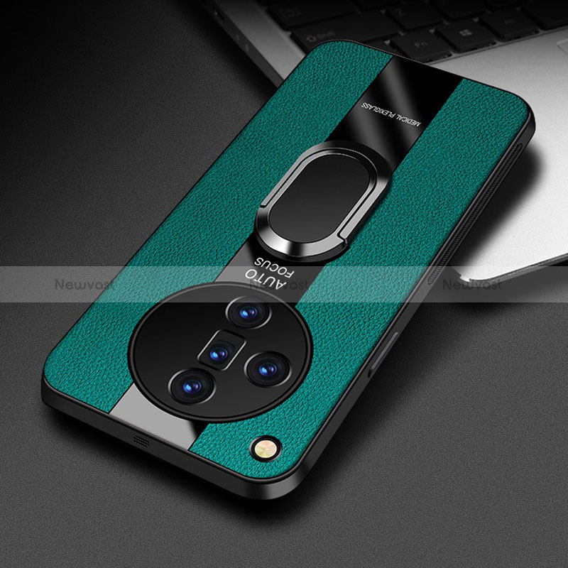 Soft Silicone Gel Leather Snap On Case Cover with Magnetic Finger Ring Stand PB2 for Oppo Find X7 5G Green