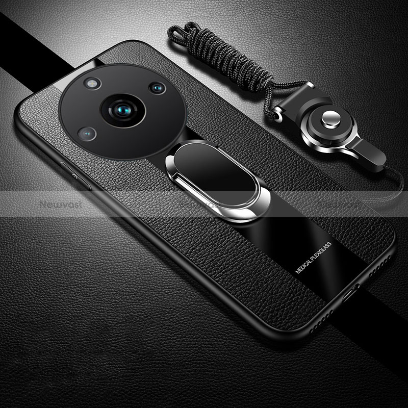 Soft Silicone Gel Leather Snap On Case Cover with Magnetic Finger Ring Stand PB2 for Realme Narzo 60 5G Black