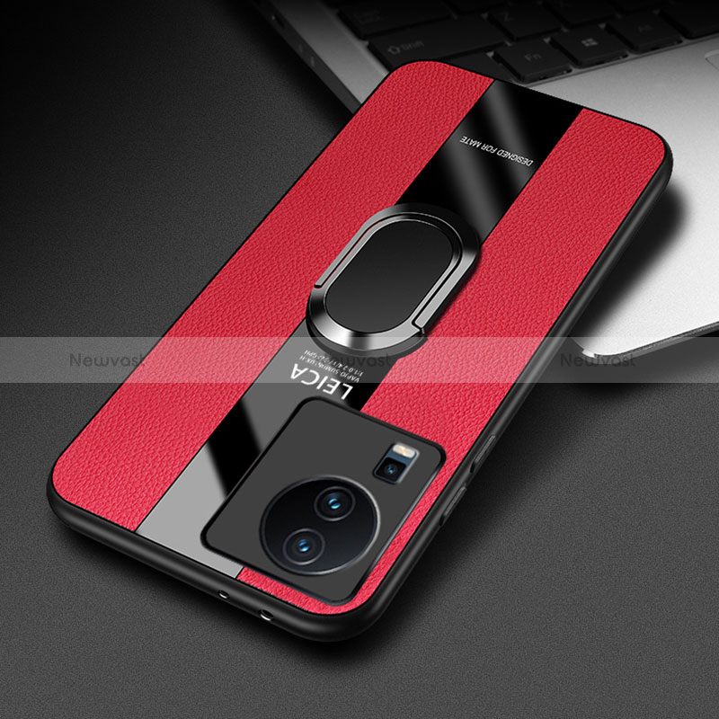 Soft Silicone Gel Leather Snap On Case Cover with Magnetic Finger Ring Stand PB2 for Vivo iQOO Neo7 SE Red