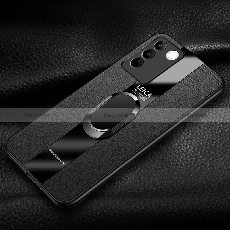 Soft Silicone Gel Leather Snap On Case Cover with Magnetic Finger Ring Stand PB2 for Vivo V27 5G