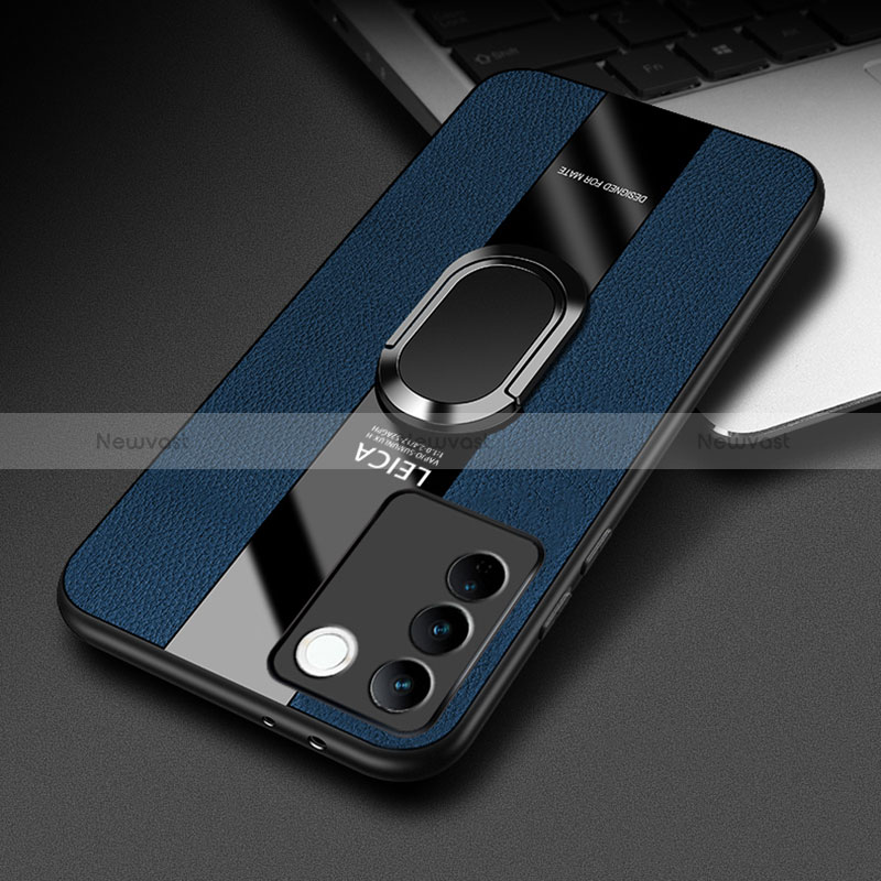 Soft Silicone Gel Leather Snap On Case Cover with Magnetic Finger Ring Stand PB2 for Vivo V27 5G Blue