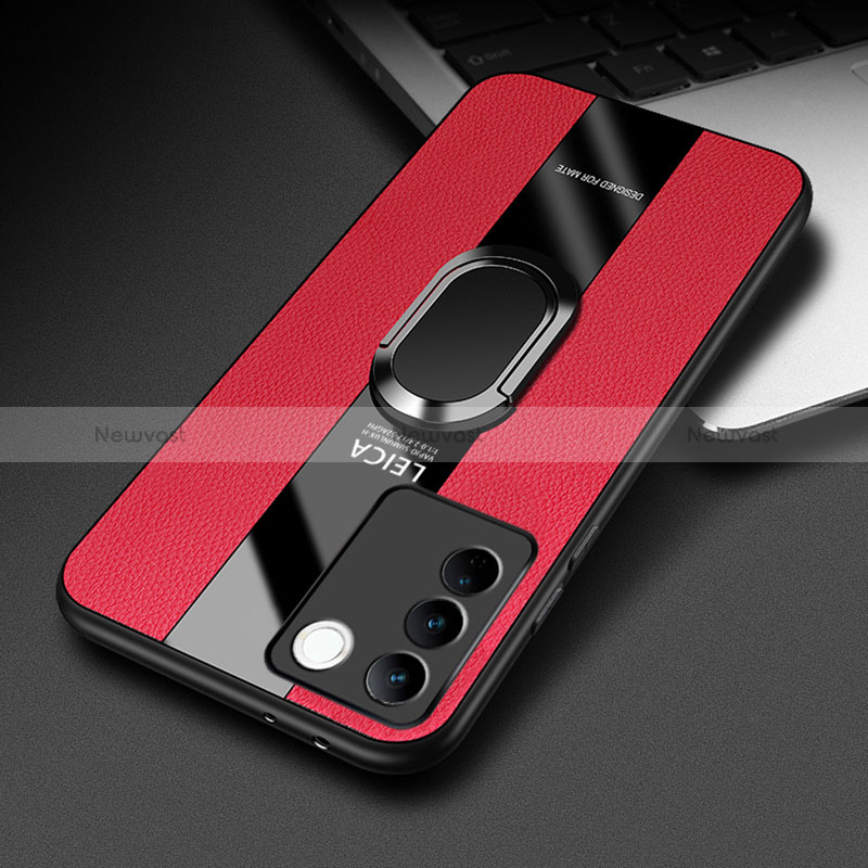 Soft Silicone Gel Leather Snap On Case Cover with Magnetic Finger Ring Stand PB2 for Vivo V27 5G Red