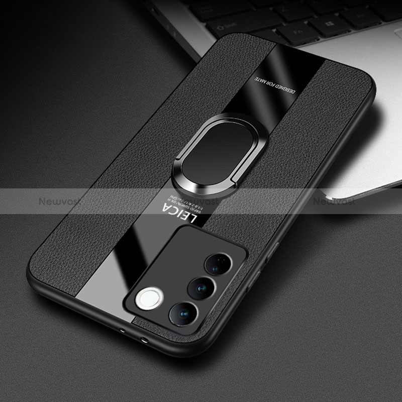 Soft Silicone Gel Leather Snap On Case Cover with Magnetic Finger Ring Stand PB2 for Vivo V27 Pro 5G