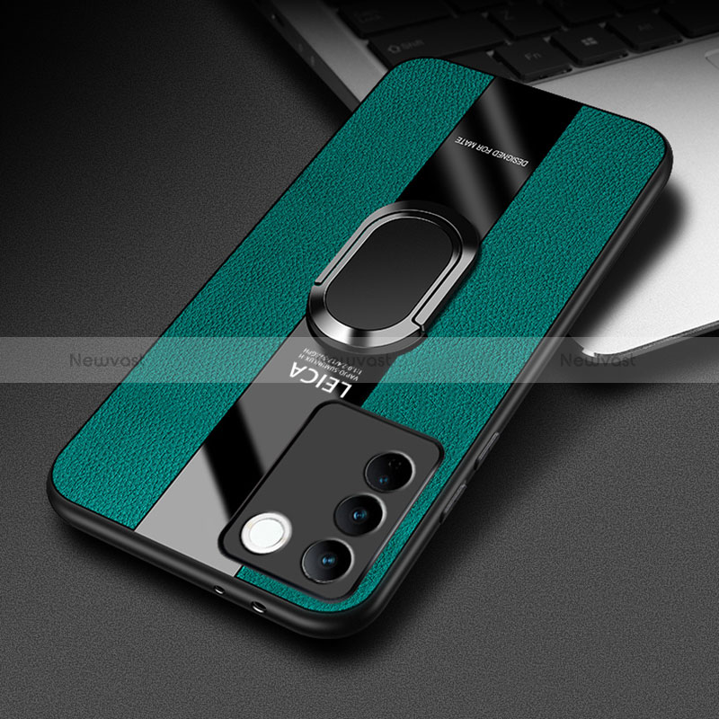 Soft Silicone Gel Leather Snap On Case Cover with Magnetic Finger Ring Stand PB2 for Vivo V27 Pro 5G