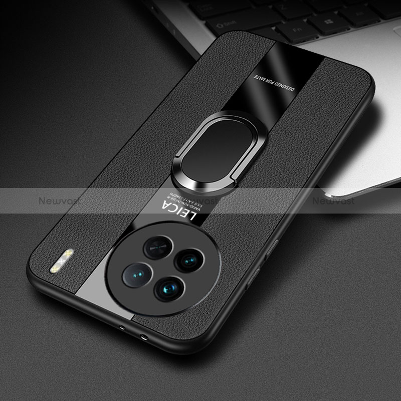 Soft Silicone Gel Leather Snap On Case Cover with Magnetic Finger Ring Stand PB2 for Vivo X90 5G Black