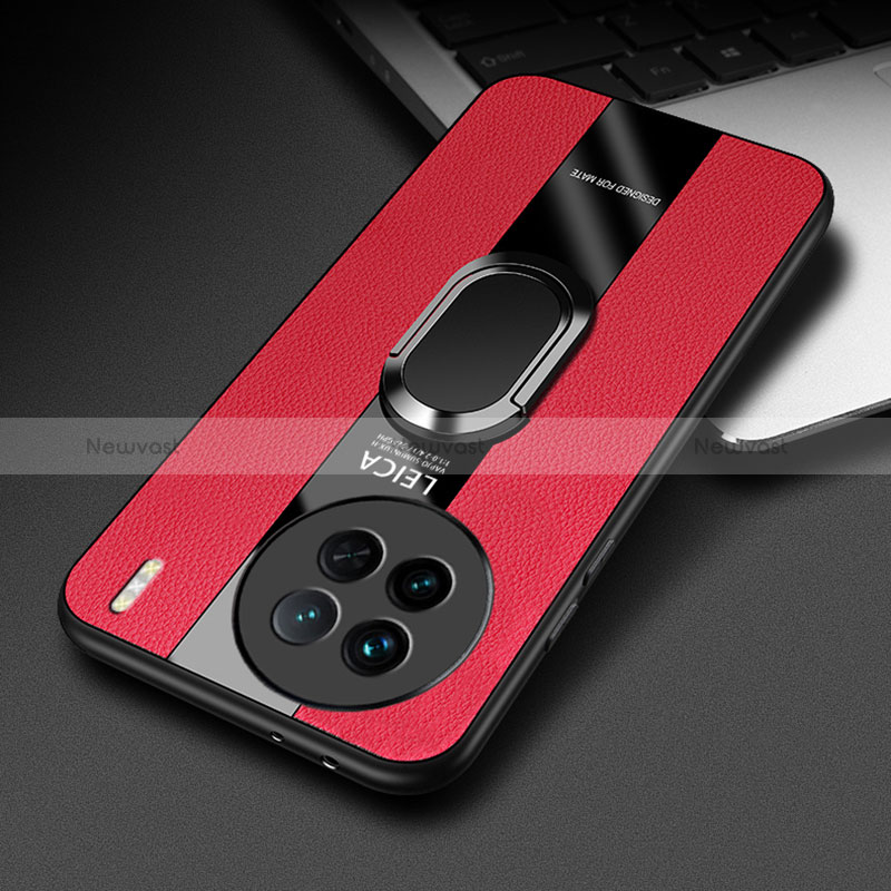 Soft Silicone Gel Leather Snap On Case Cover with Magnetic Finger Ring Stand PB2 for Vivo X90 5G Red