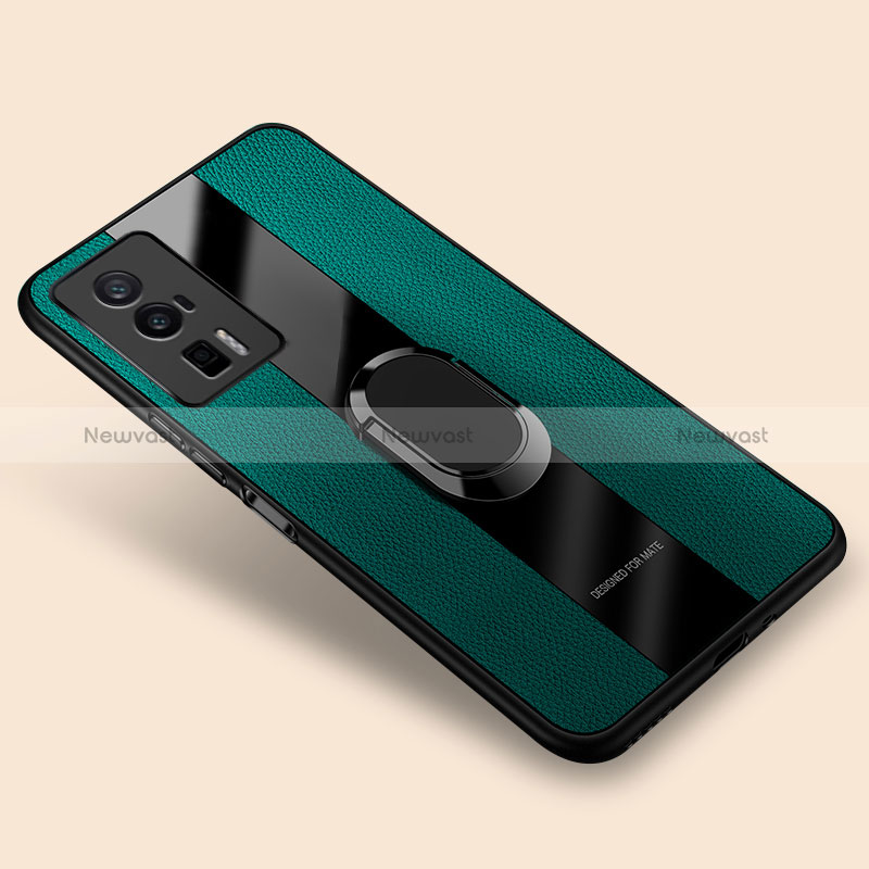 Soft Silicone Gel Leather Snap On Case Cover with Magnetic Finger Ring Stand PB2 for Xiaomi Poco F5 Pro 5G Green