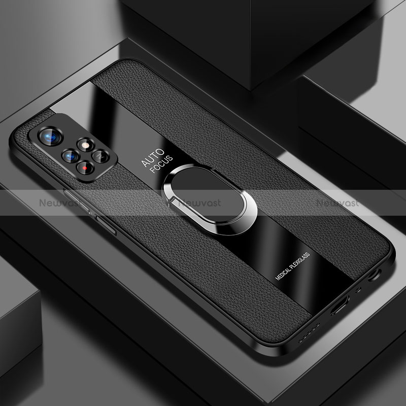 Soft Silicone Gel Leather Snap On Case Cover with Magnetic Finger Ring Stand PB2 for Xiaomi Poco M4 Pro 5G Black
