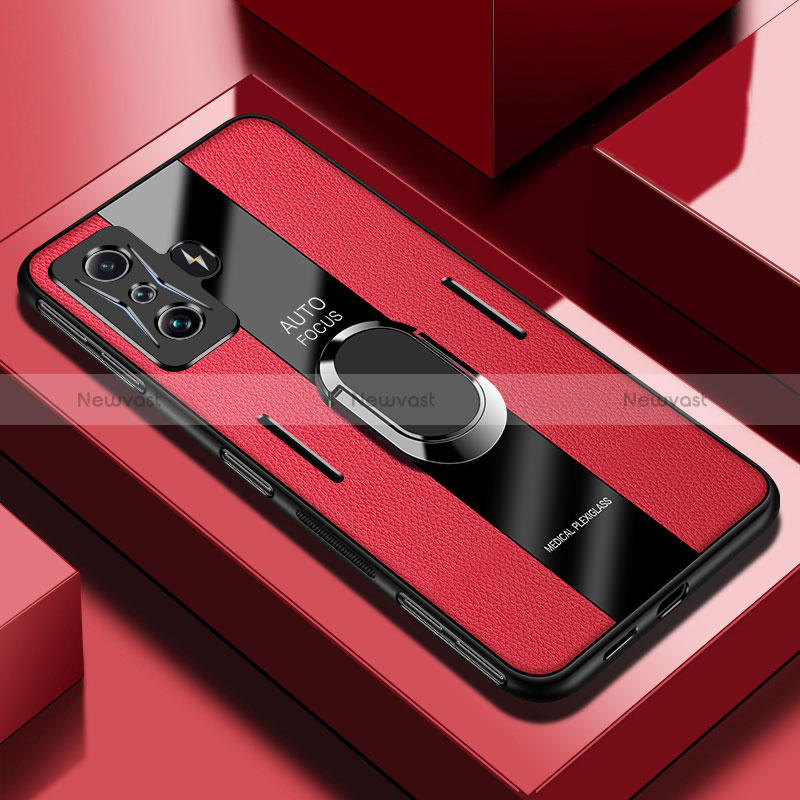 Soft Silicone Gel Leather Snap On Case Cover with Magnetic Finger Ring Stand PB2 for Xiaomi Redmi K50 Gaming AMG F1 5G Red