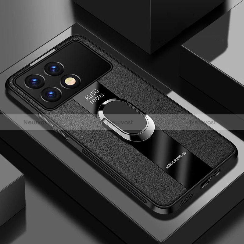 Soft Silicone Gel Leather Snap On Case Cover with Magnetic Finger Ring Stand PB2 for Xiaomi Redmi K70 5G Black