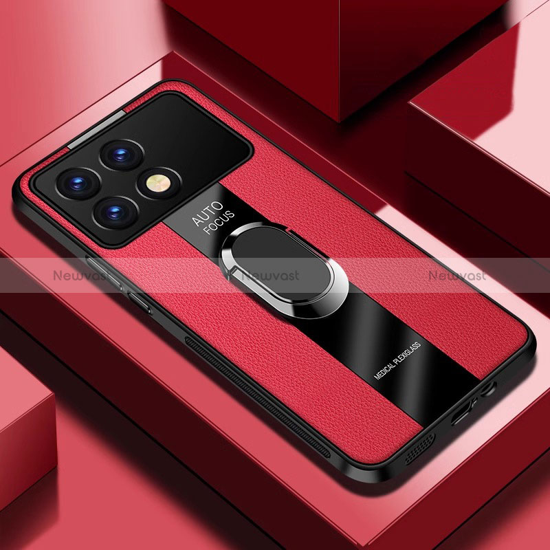 Soft Silicone Gel Leather Snap On Case Cover with Magnetic Finger Ring Stand PB2 for Xiaomi Redmi K70 5G Red