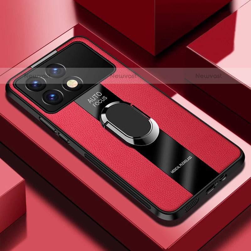 Soft Silicone Gel Leather Snap On Case Cover with Magnetic Finger Ring Stand PB2 for Xiaomi Redmi K70E 5G Red