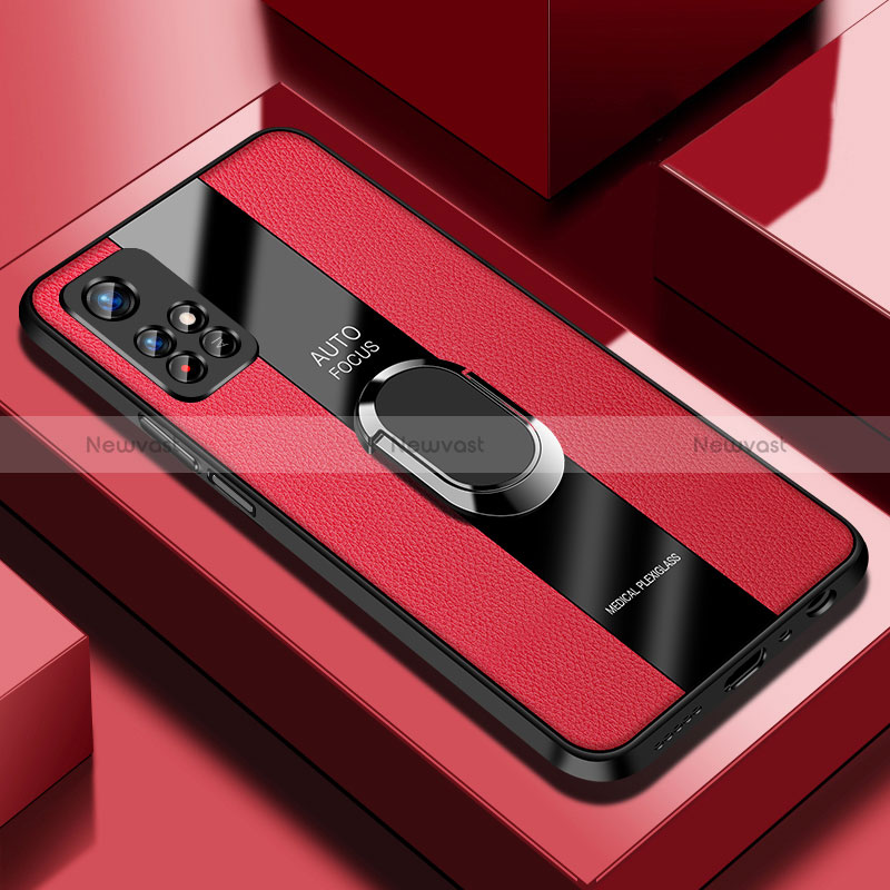 Soft Silicone Gel Leather Snap On Case Cover with Magnetic Finger Ring Stand PB2 for Xiaomi Redmi Note 11T 5G Red